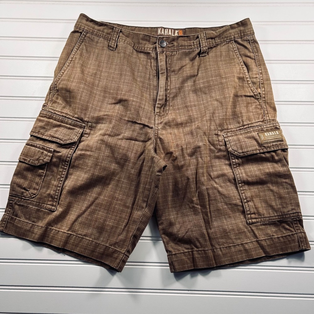 Kahala 1936 Crosshatch Plaid Cargo Shorts Mens 33 Brown Textured Grid Hawaiian